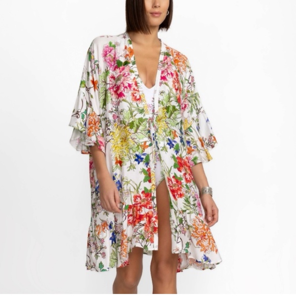 Johnny Was Norah Ruffle Kimono Silk Blend White Multicolor Floral Short-Large